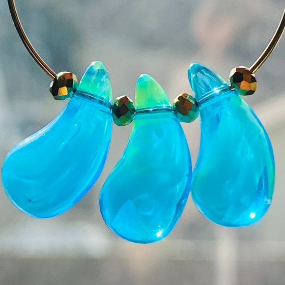 Lampwork Turquoise Teardrop Glass on Gold Plated Hoops - Picture 6 of 6